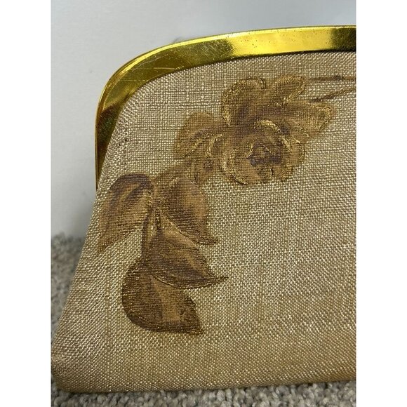 Vintage Hand Painted Woven Style Kiss Clasp Clutch Bag in Gold - Picture 3 of 9